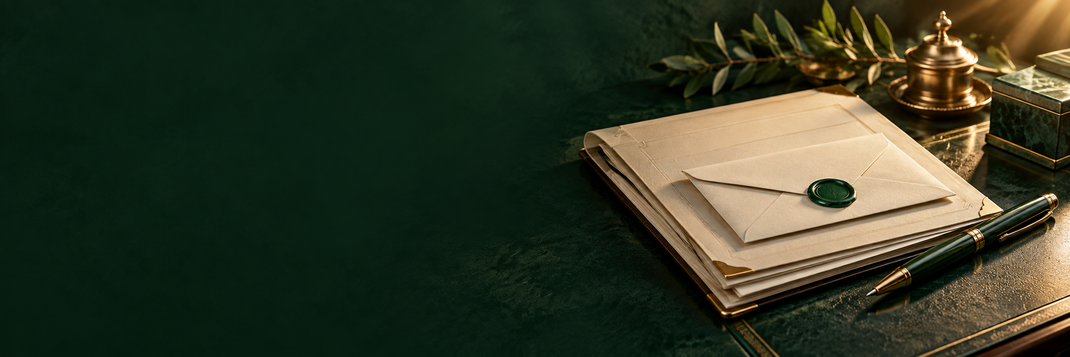 Documentos, caneta e envelope com selo verde.