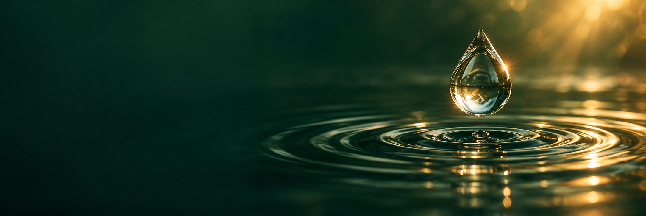Gota de água sobre uma superfície verde com ondas suaves.