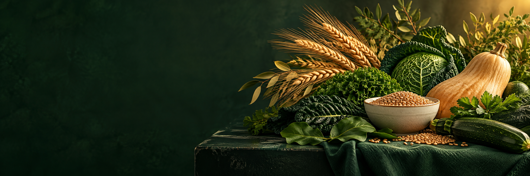 Folhas, vegetais, grãos e espigas em uma composição de colheita.