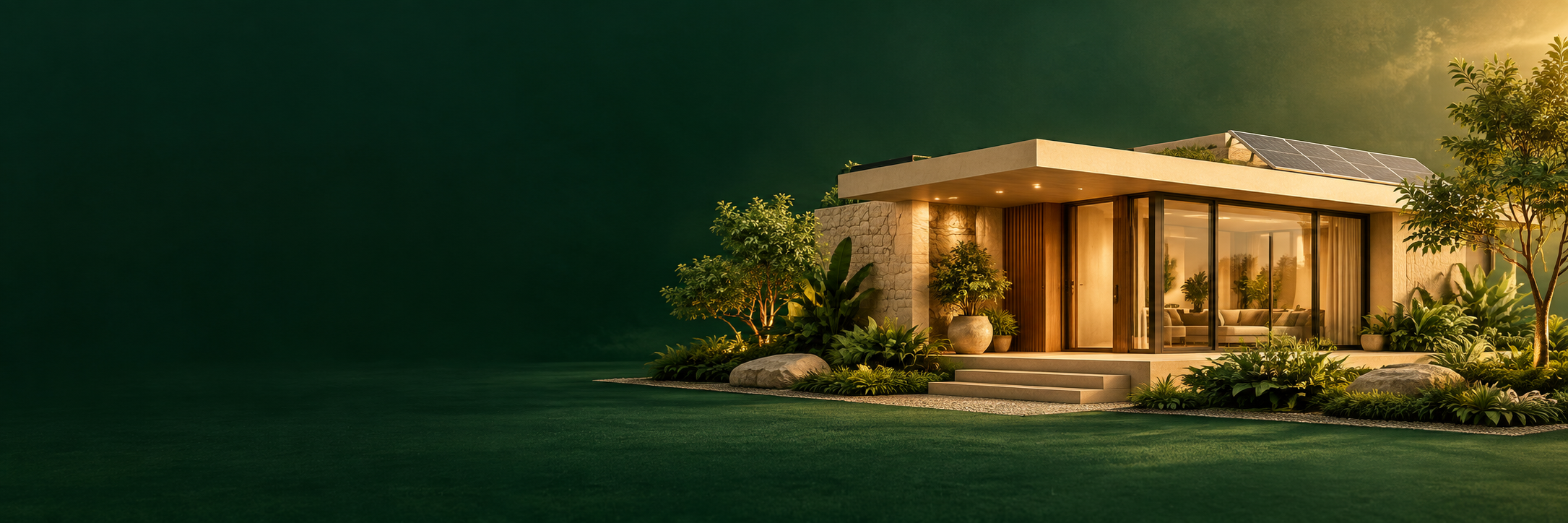 Casa modular clara com jardim e painéis solares.