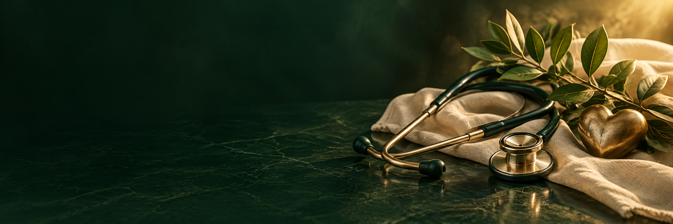 Estetoscópio, folhas e coração dourado sobre tecido claro.