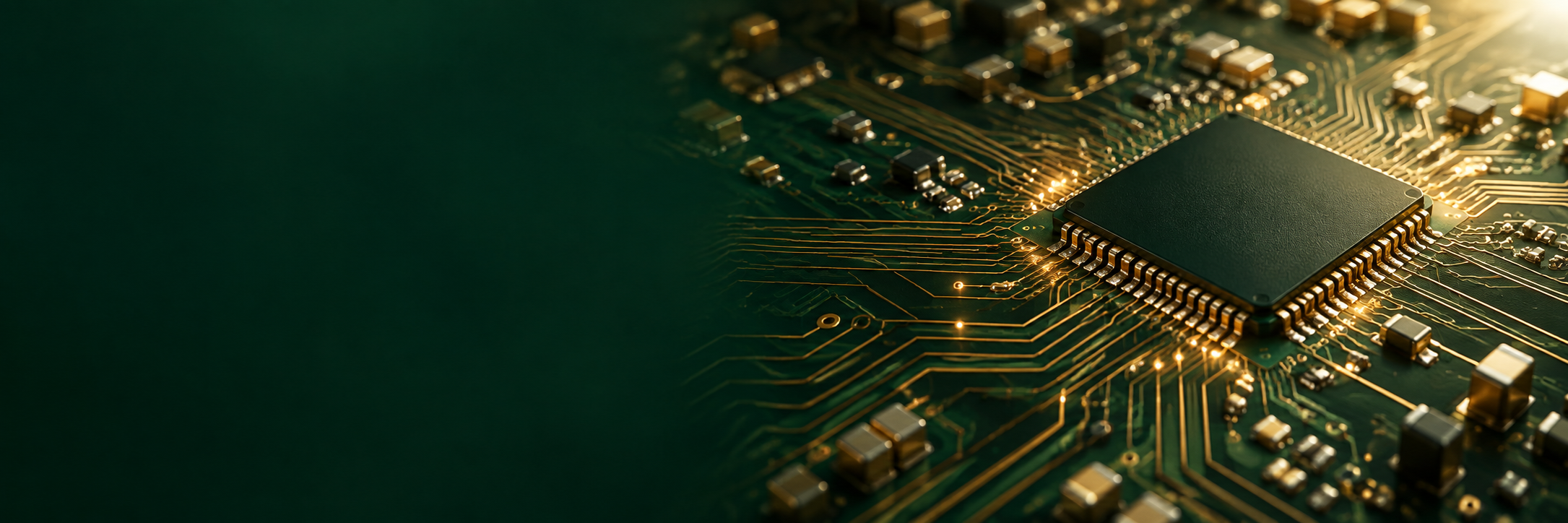 Circuitos verdes e dourados conectados a um chip central.