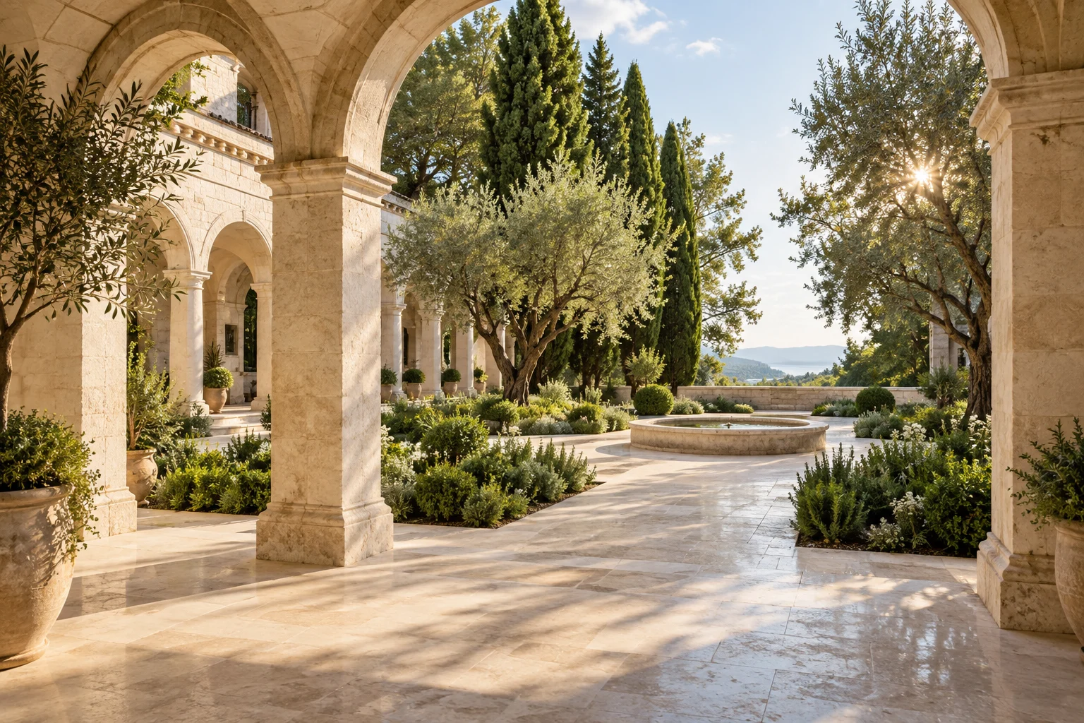 Arcadas clássicas de pedra clara abertas para um jardim luminoso