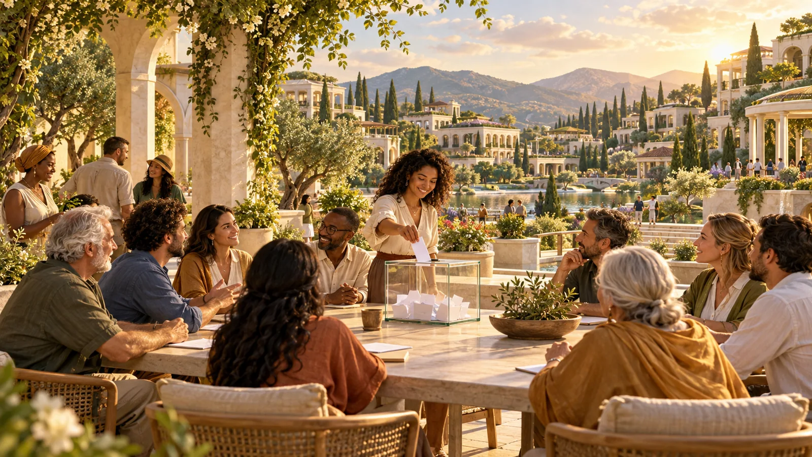 Moradores de diferentes idades reunidos em um jardim, com uma urna de votação sobre a mesa.