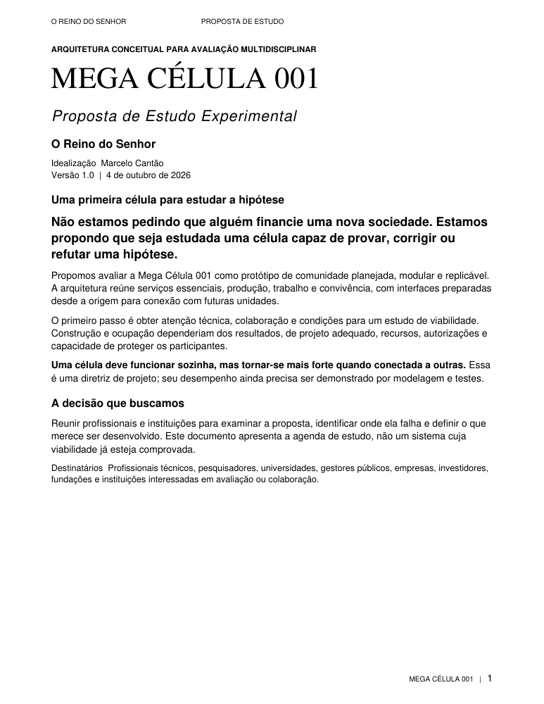 Capa do documento Mega Célula 001 — Proposta de Estudo Experimental, O Reino do Senhor